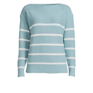 💥Women’s Time and Tru L 12-14 Pullover Sweater Green Ivory Stripe Boat Neck